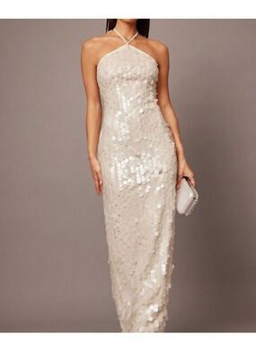 White Sequin Halter Women's Cocktail Dress